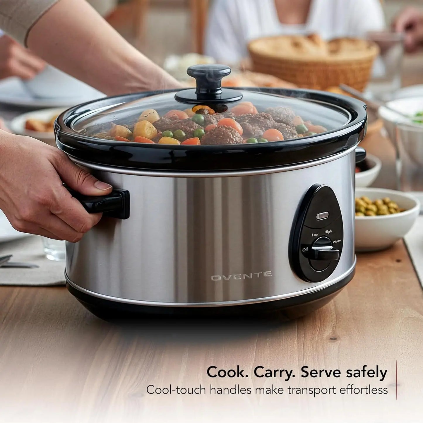 Electric Slow Cooker with 3 Cooking Settings, Non-Stick and Dishwasher Safe Stoneware, StainlSteel