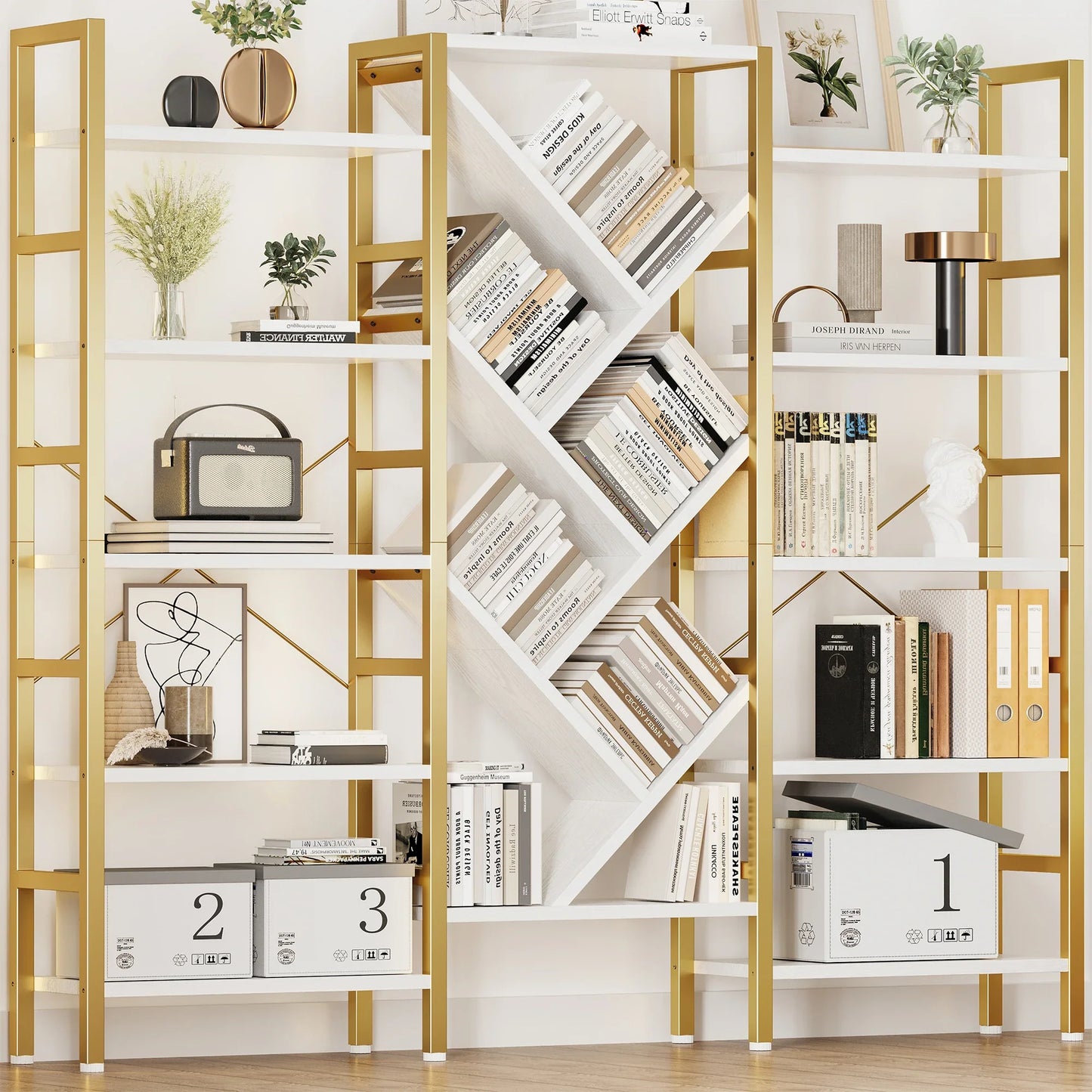 Triple 5 Tier Bookshelf, Large Wooden Bookcase with 17 Open Display Shelves Metal Frame