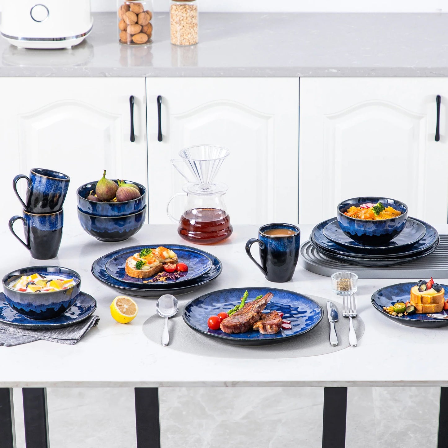 vancasso 16/32/48-Piece Starry Blue Dinner Set with Dinner Plate,Dessert Plate,Bowl,Mug