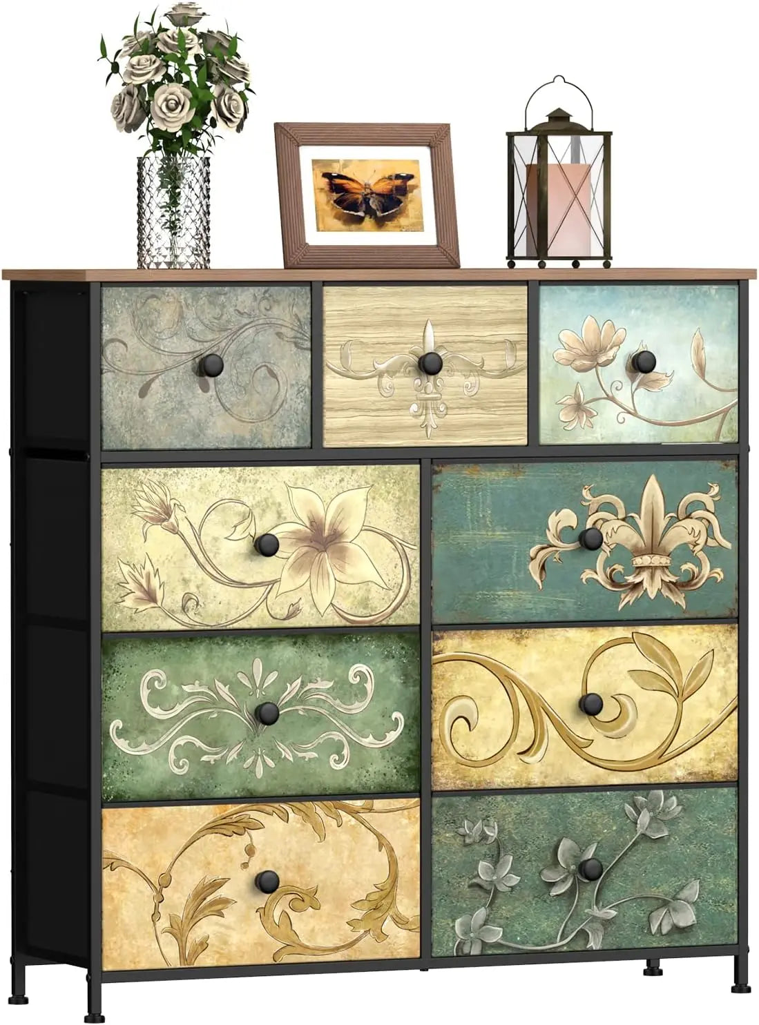 9-Drawer Floral Dresser with Wooden Top for Bedroom, Closet, Nursery, Living Room