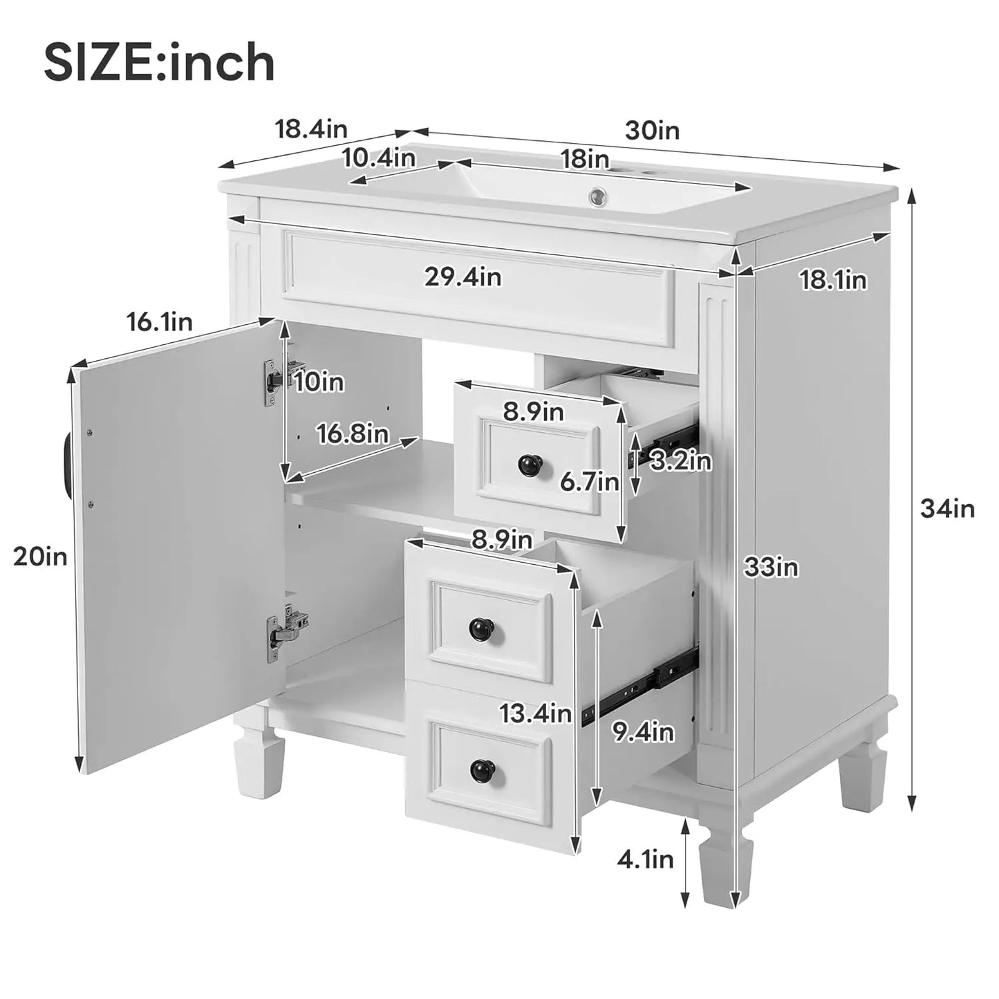 30" Bathroom Vanity with Sink Modern Storage Cabinet Single Door Two Drawers Solid Wood Frame