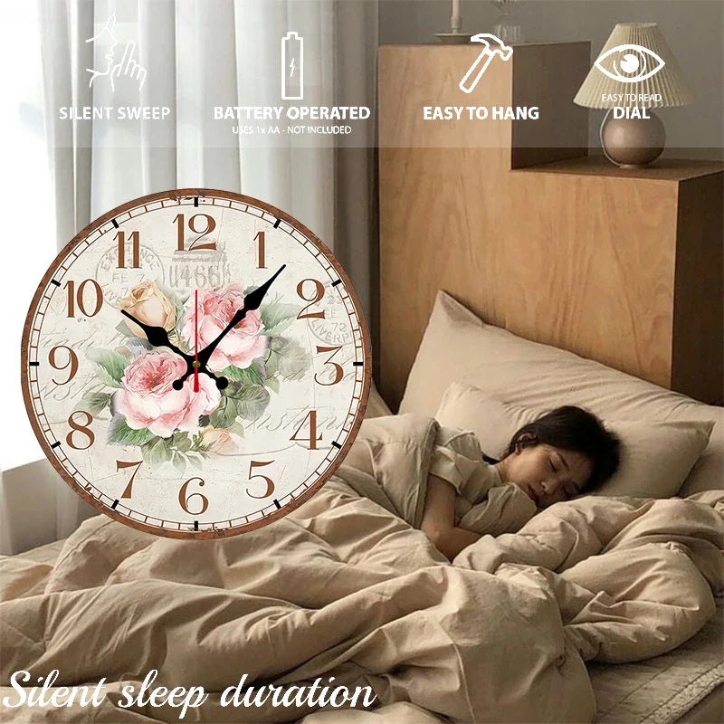 Antique Rose Wooden Round Silent Hanging Wall Clock,
