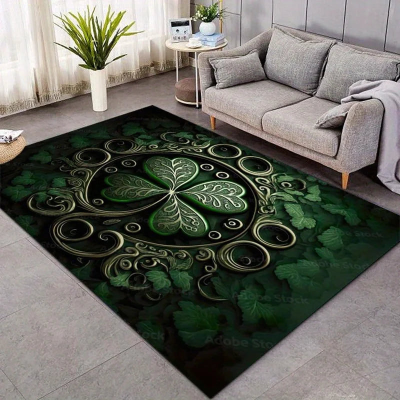 Elegant Shamrock Rug for Living Room -Celtic Knots and Green Leaves Design,