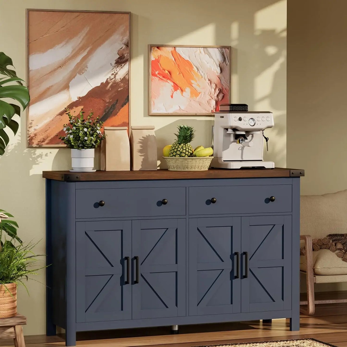 Buffet Cabinet with Storage Farmhouse with 4 Doors and 2 Drawers, 55'' Large Kitchen Storage  Blue Wood