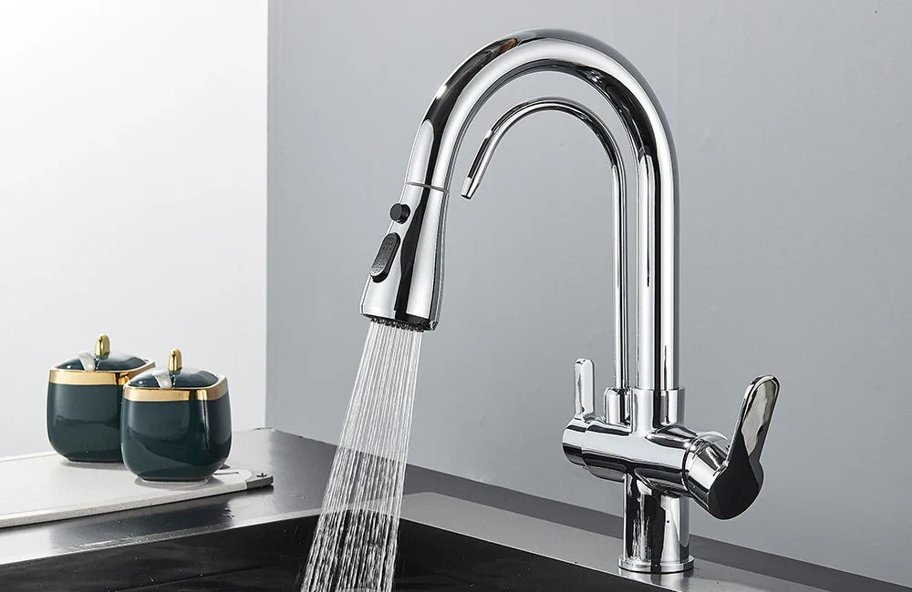Quyanre Matte Black Filtered Crane For Kitchen Pull Out Spray 360 Rotation Water Sink Mixer Kitchen Faucet
