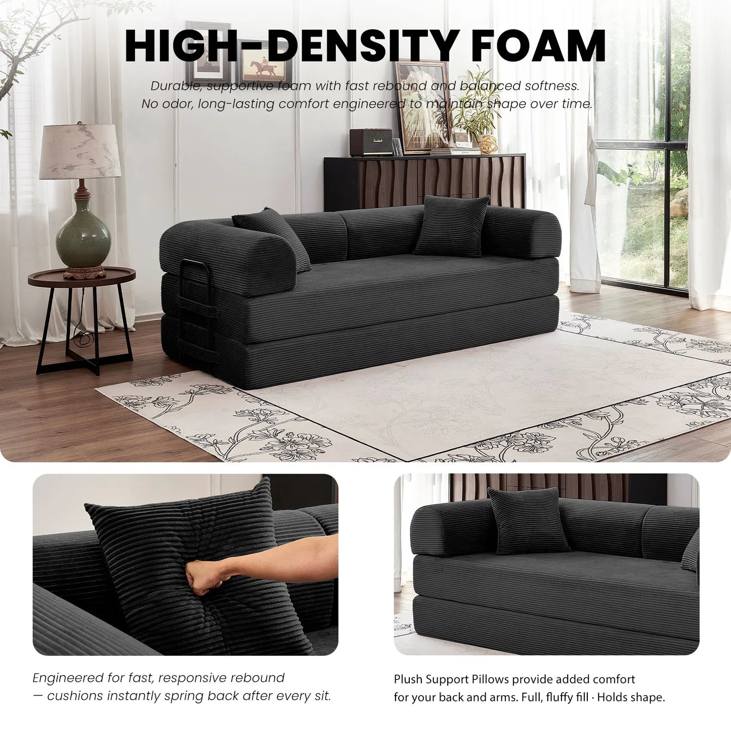 79" Convertible Sofa Bed with Fixed-Shape Frame & Removable Armrests, Modular Corduroy