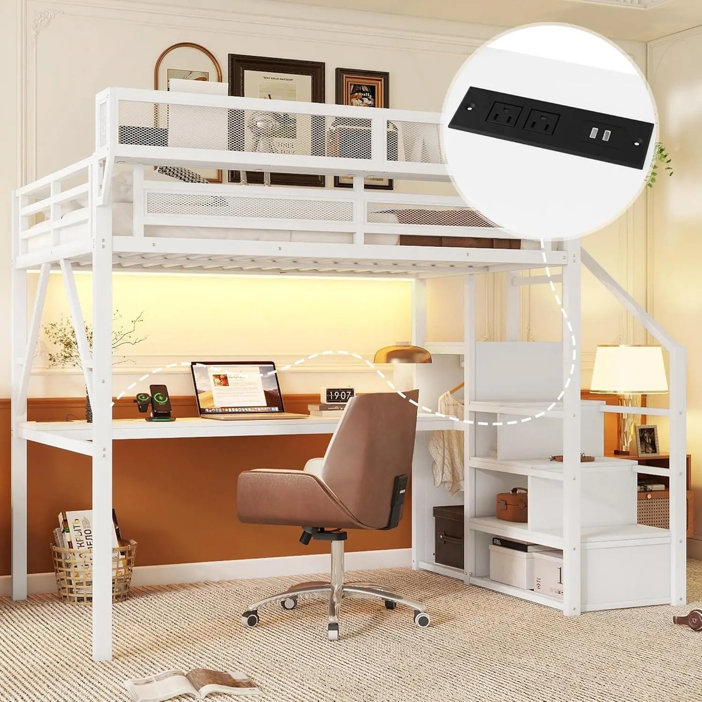 Full Size Loft Bed With Stairs And Storage, Metal Loft Bed Frame WithLarge Under-Bed Space