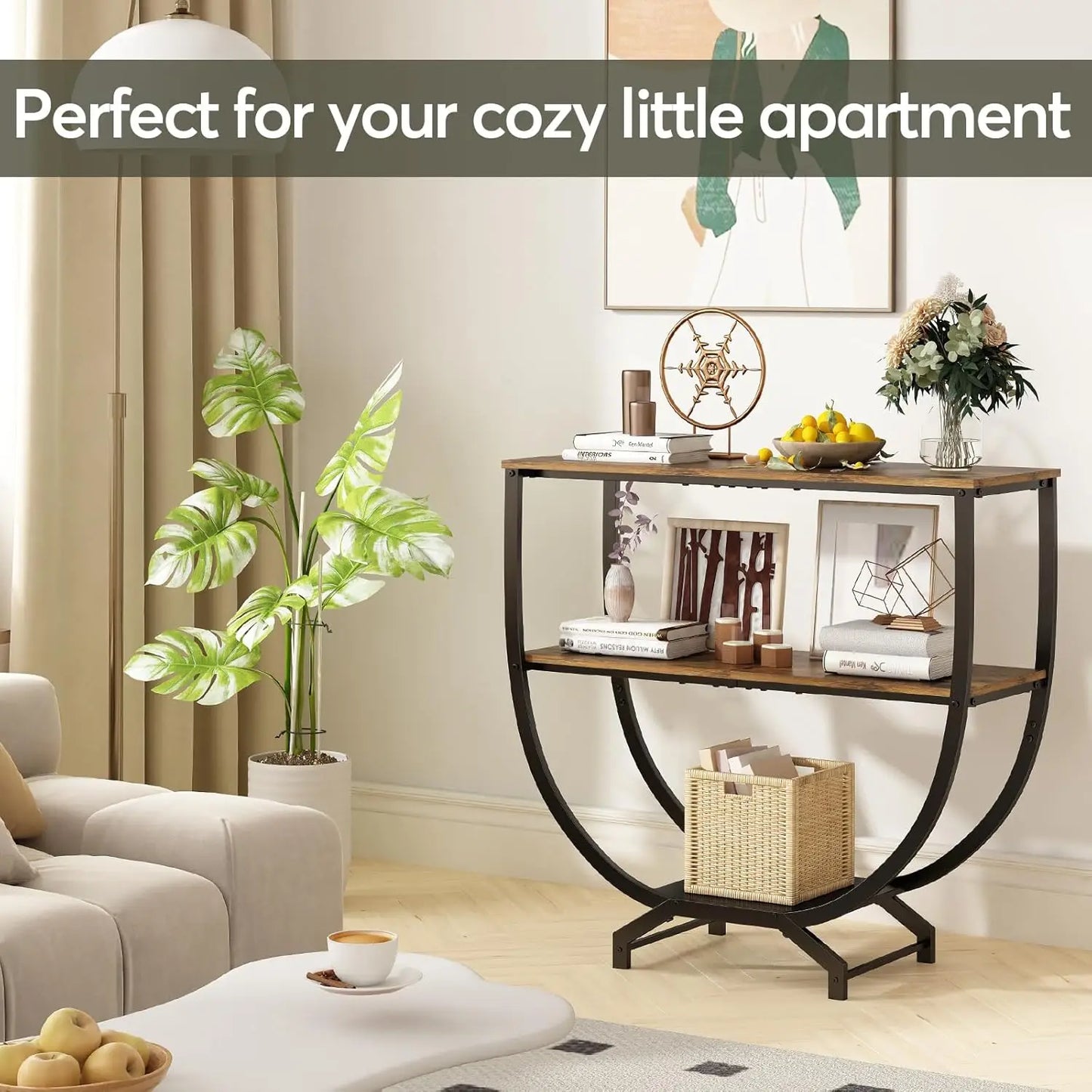 3-Tier Industrial Console Table with Storage, 30" Height Entryway Sofa Table, Rustic Brown for Living Room