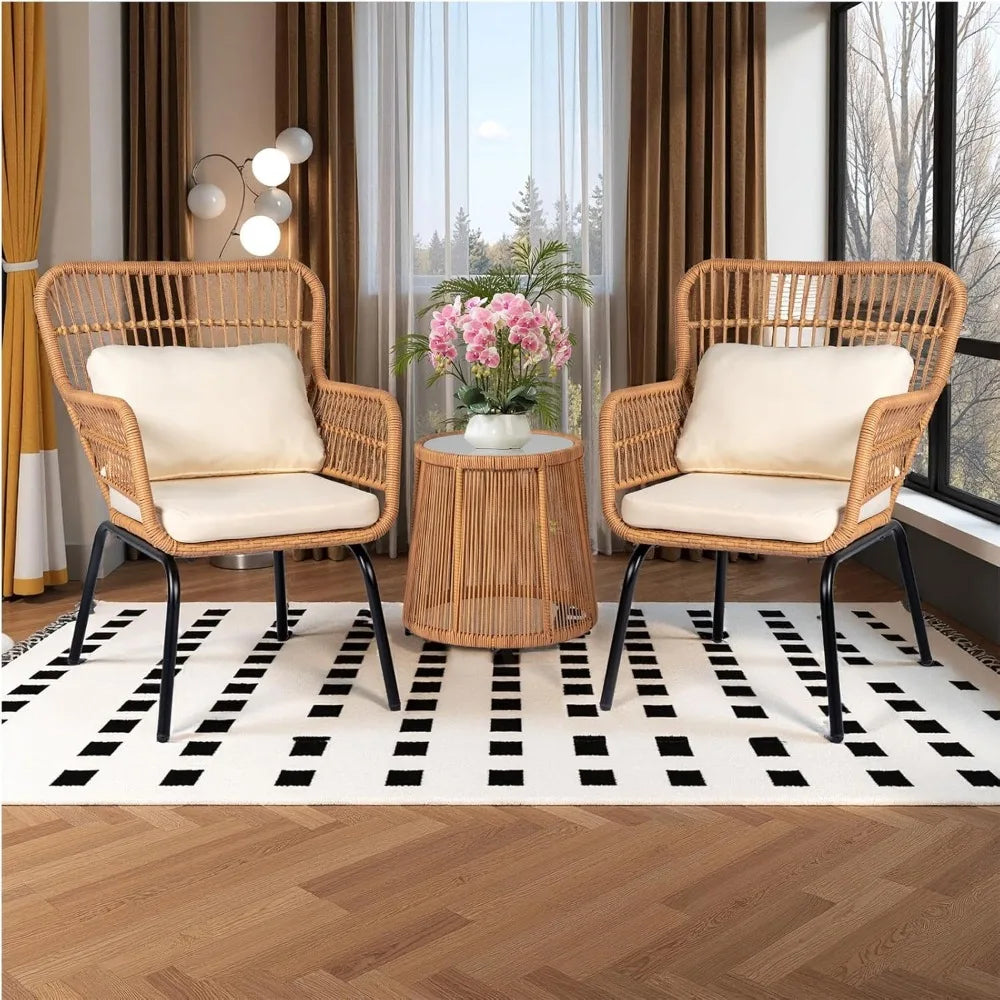3 Piece Outdoor Wicker Bistro Set,  w/2 Large Rattan Chairs and Tempered Glass Table, Patio Furniture