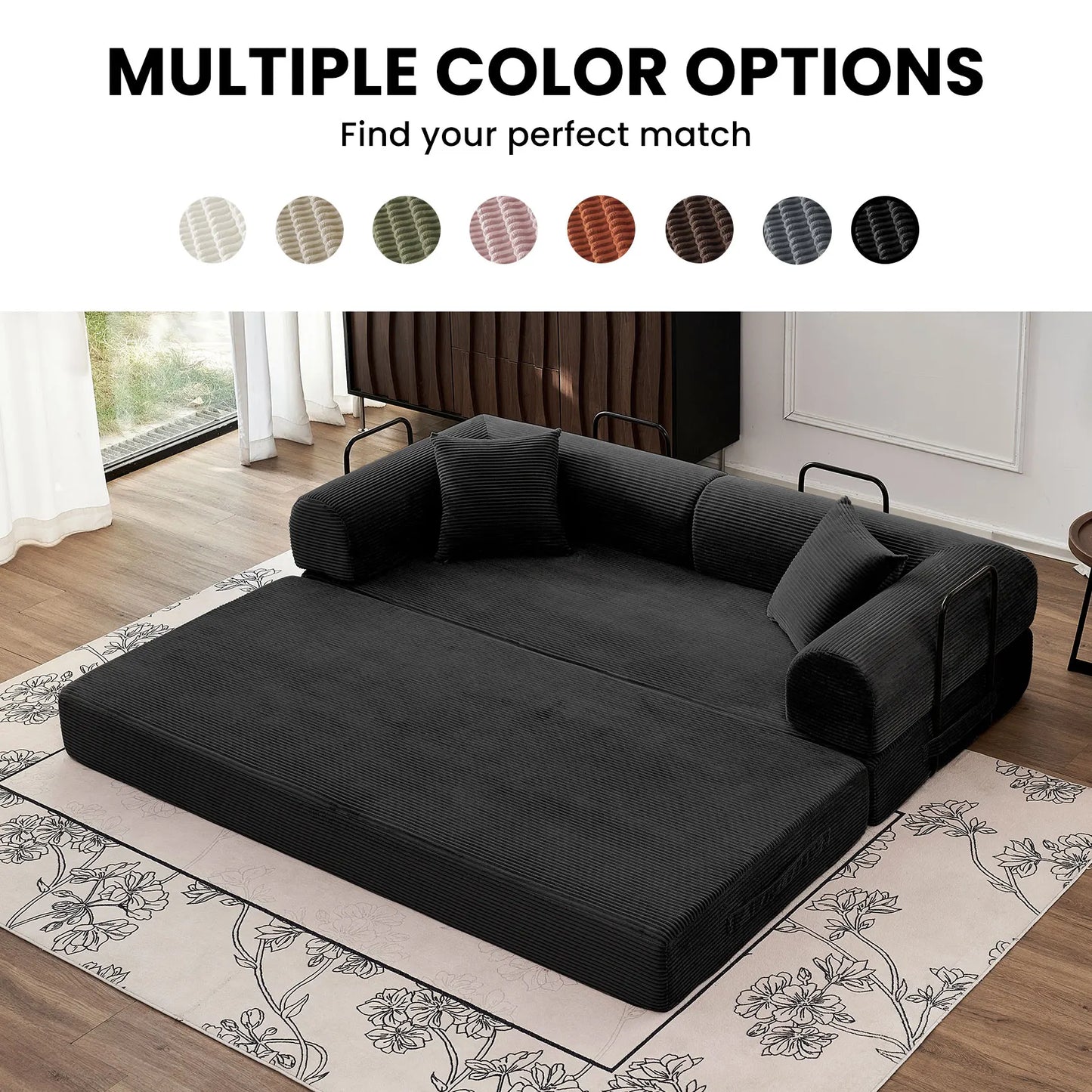 79" Convertible Sofa Bed with Fixed-Shape Frame & Removable Armrests, Modular Corduroy