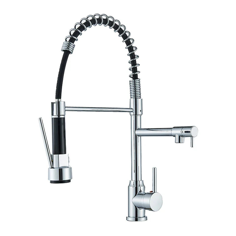 Black Kitchen Faucet With Pull Down Spring Sprayer Deck Mounted Hot and Cold Water Mixer