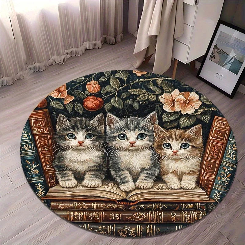 Cat and Book Style Flannel-printed round floor mat