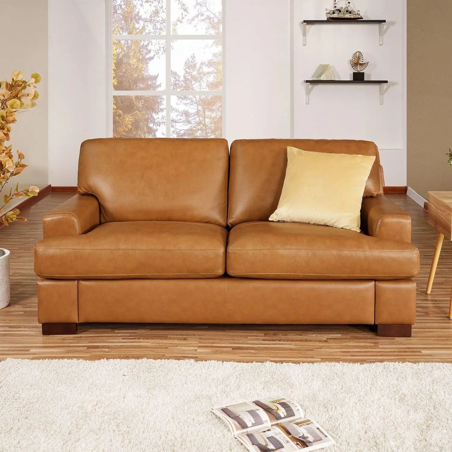 Genuine Leather Sofa - Set of 3 Luxurious Comfort, Goose Feather Cushion Filling, Square Arm Design, Sturdy Block
