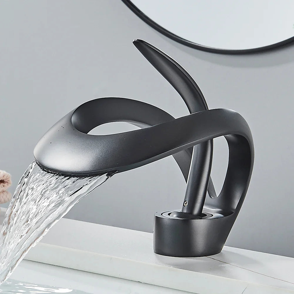 Rozin Luxury Black Basin Faucet Grey Bathroom Waterfall Mixer Tap Brass Deck Mount Modern Style