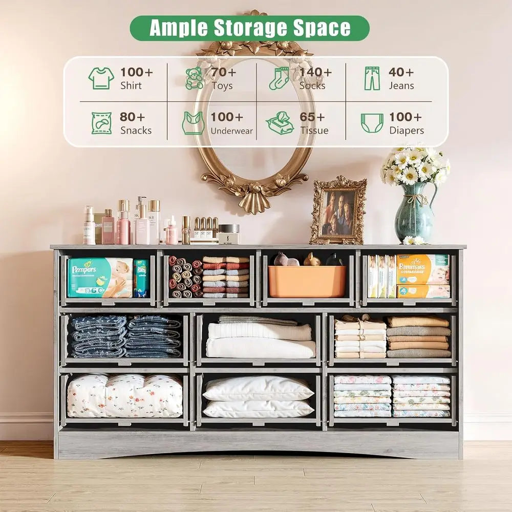 10-Drawer Bedroom Dresser with Textured Frame, 6 Deep, Gray, for Living Room or Bedroom Storage