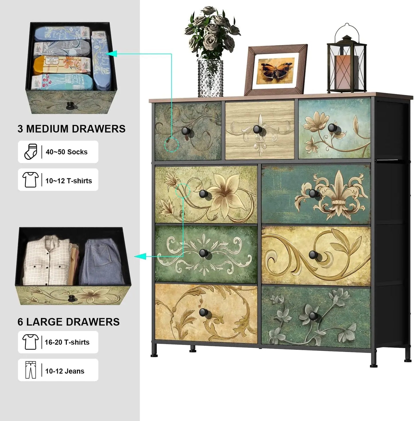 9-Drawer Floral Dresser with Wooden Top for Bedroom, Closet, Nursery, Living Room