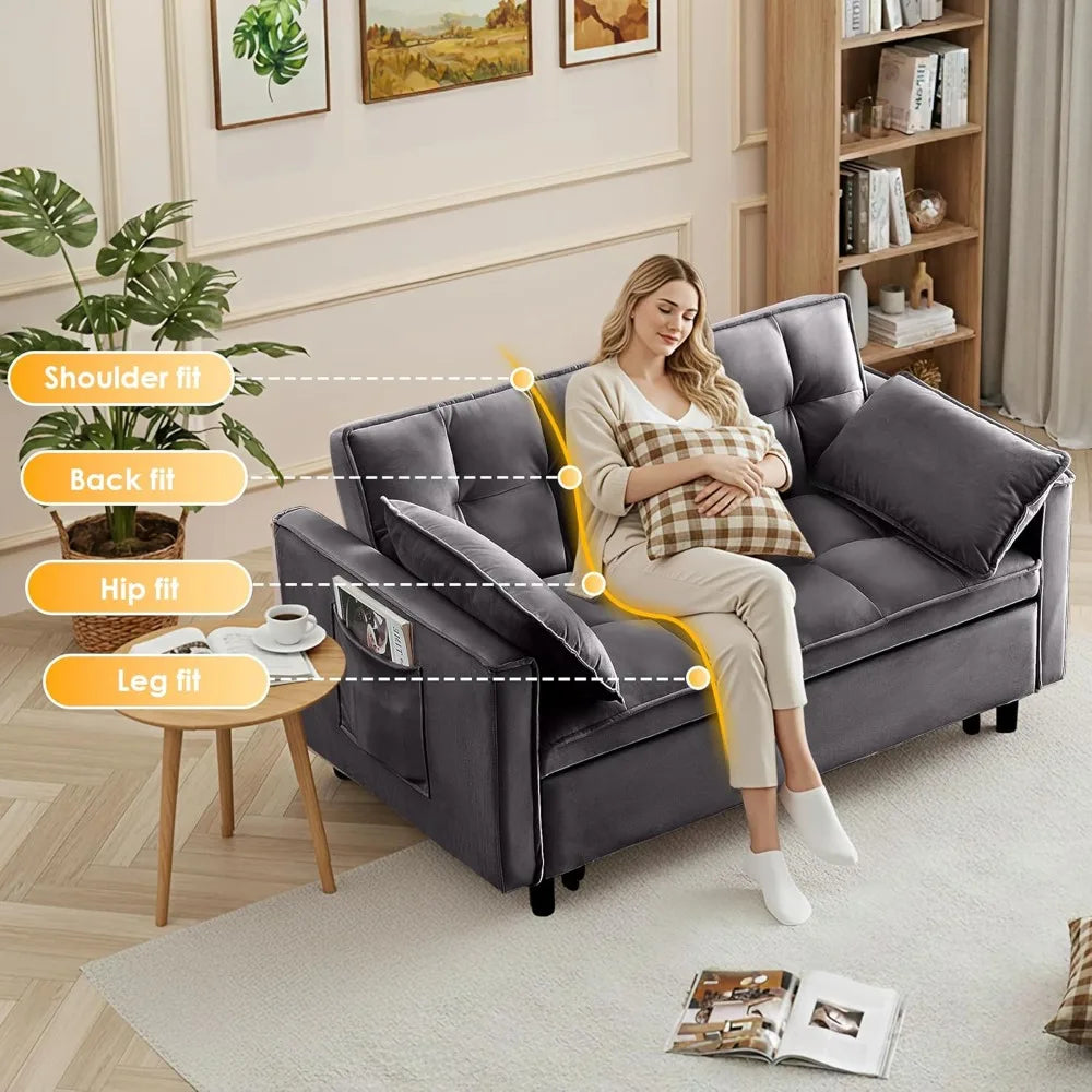 Convertible Sleeper Sofa Bed, 54'' Loveseat with Adjustable Backrest, Velvet Fabric,