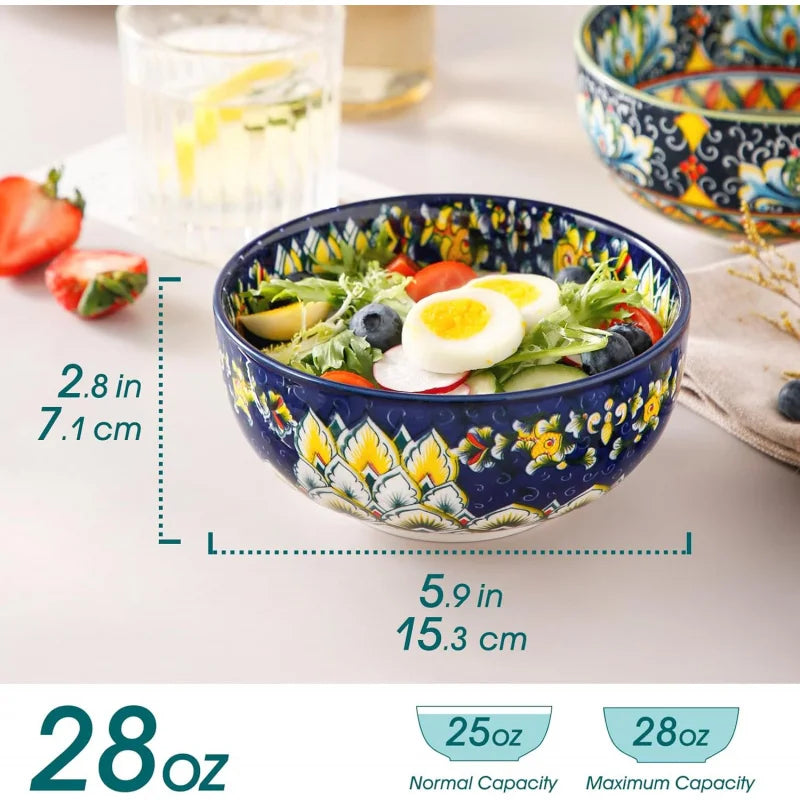Bohemian Ceramic Bowl Set of 6 (28 Oz) - Colorful Soup, Cereal, Pasta, Salad, Fruit Bowls