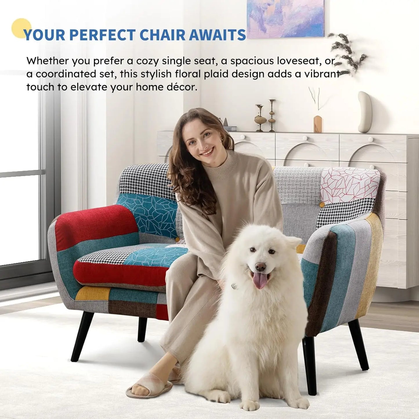 Modern Boho Loveseat Couch for Living Room Bedroom, Upholstered Colorful Plaid Fabric