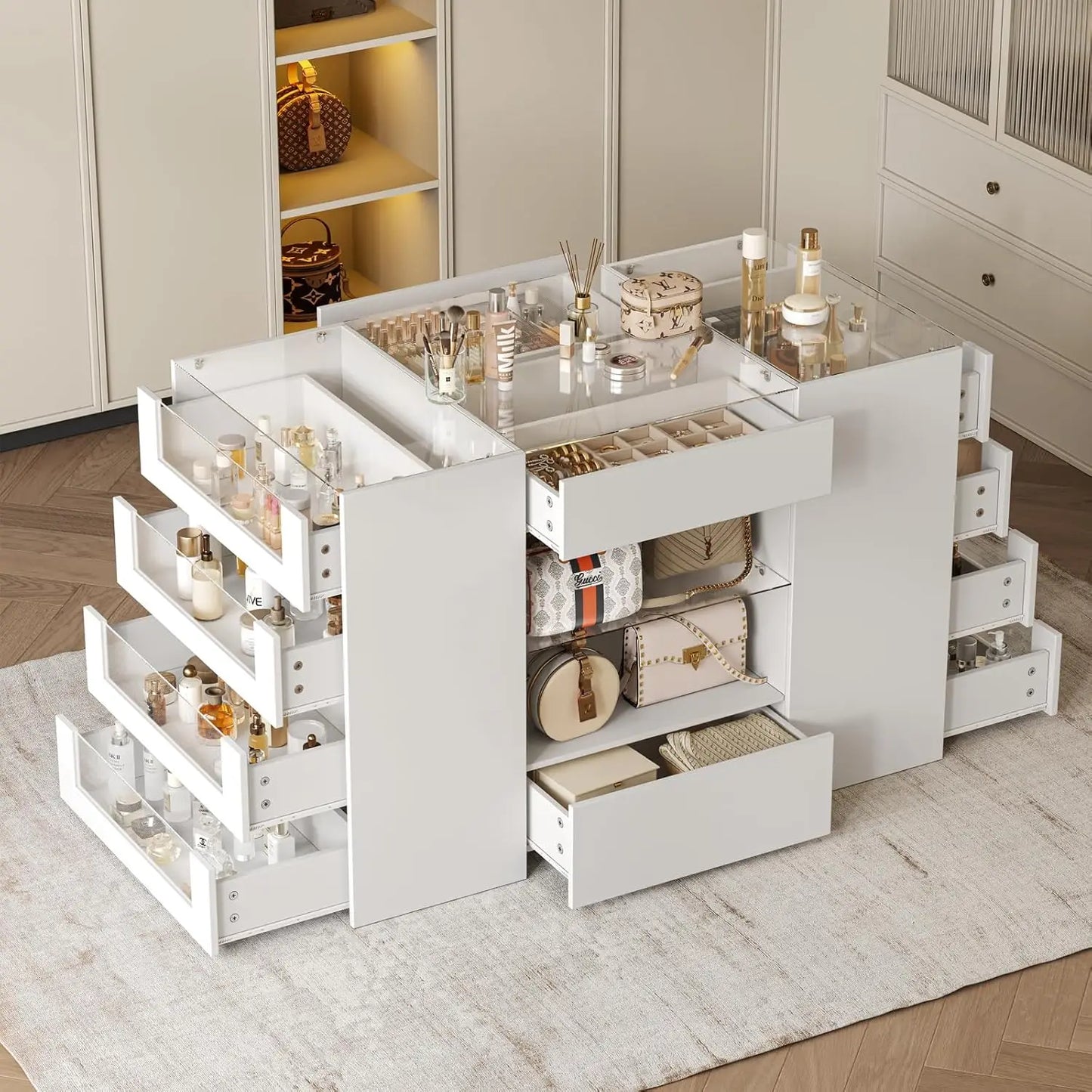 Closet Island with Drawers, Wardrobe Armoire Bedroom Island, Glass Display Shelf & 12 Drawers,