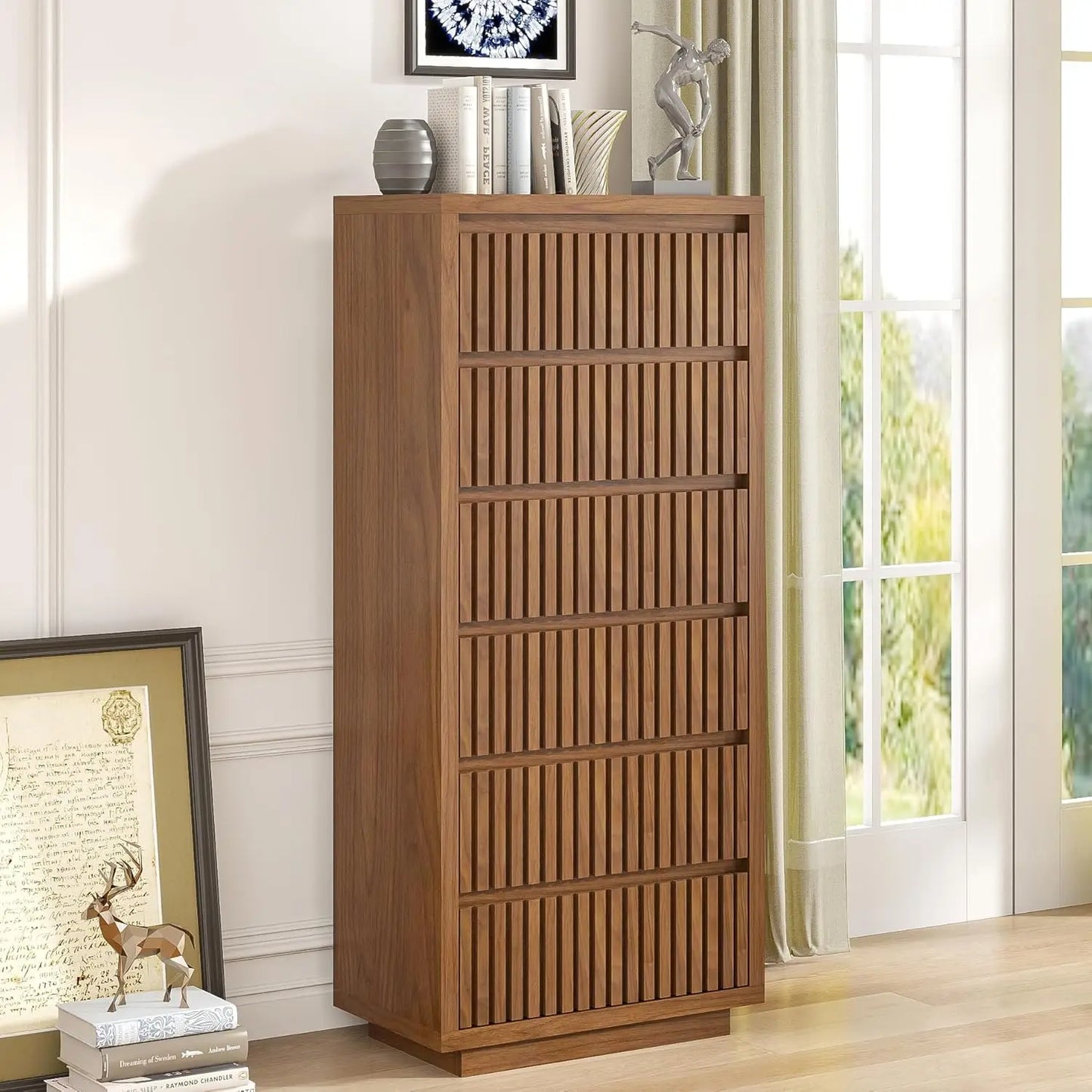 Fluted Long 9 Drawer Dresser, for Bedroom, 58" Wide Vintage Chest of Drawers