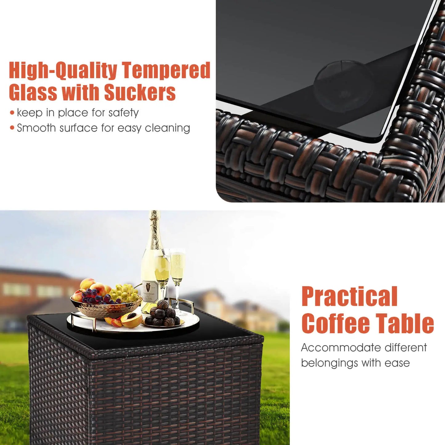 3 PCS Patio Rattan Furniture Set Cushioned  Sofa Orange