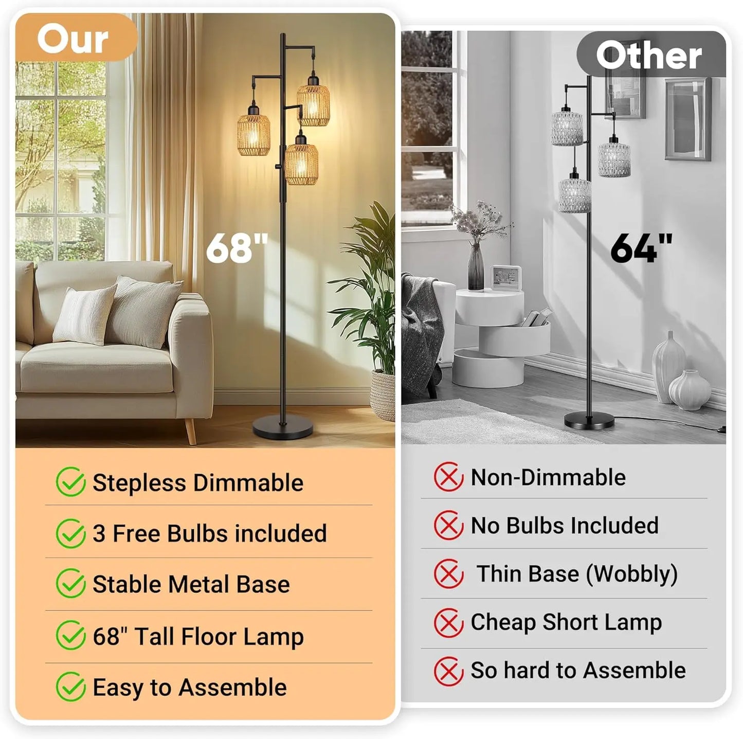 Dimmable Boho Floor Lamp - 3 Light Farmhouse Rattan Design for Living Roomp