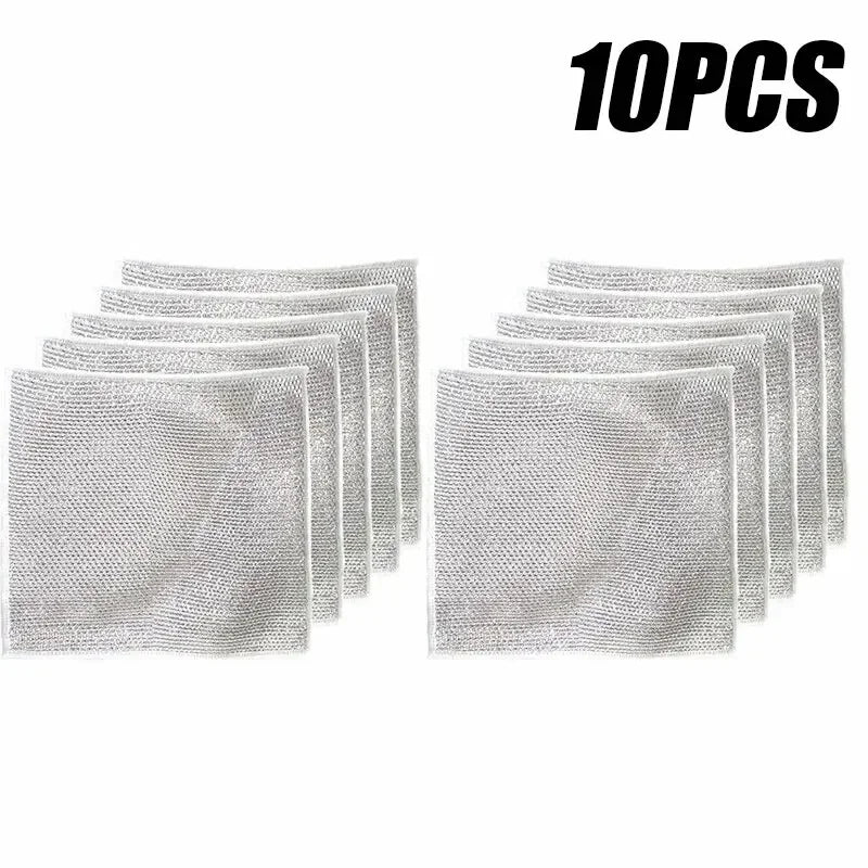 10pcs Magic Dishcloth Silver  Kitchen Cloth  Built-in Sponge Steel Wire Ball Rag
