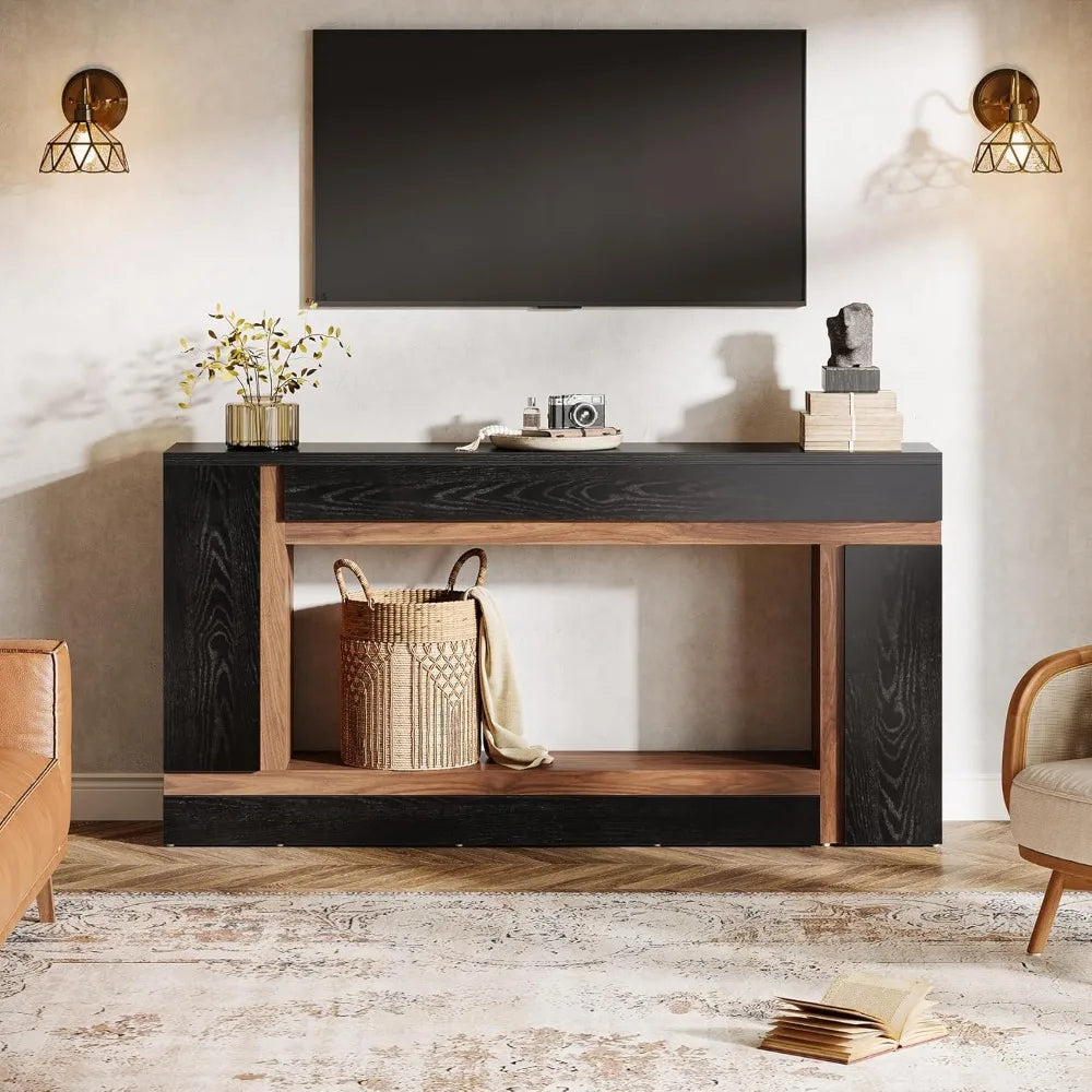 63-Inch Long Console Table for Entryway, 2-Tier Narrow Wooden Rectangular Sofa Table Behind Couch for Hallway