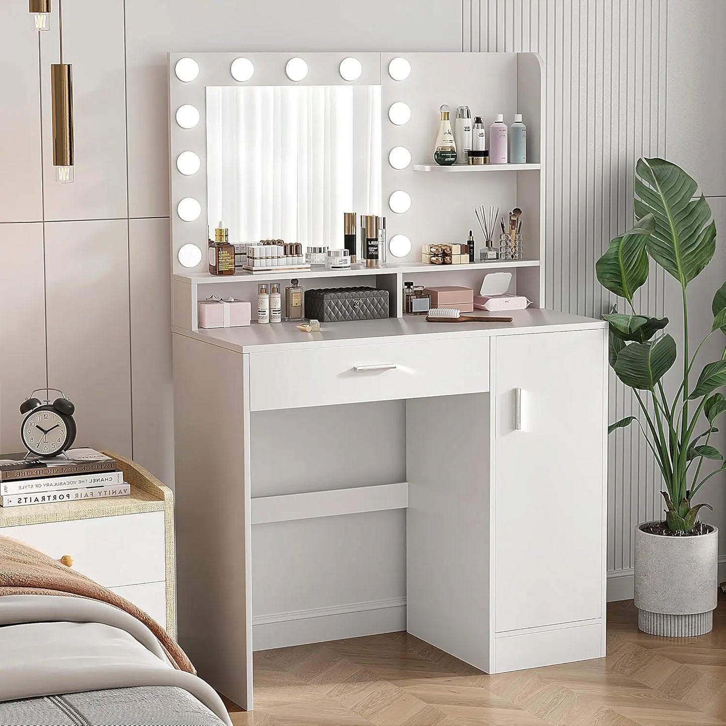 White Makeup Vanity Desk with Mirror, Lights, Drawers & Cabinet