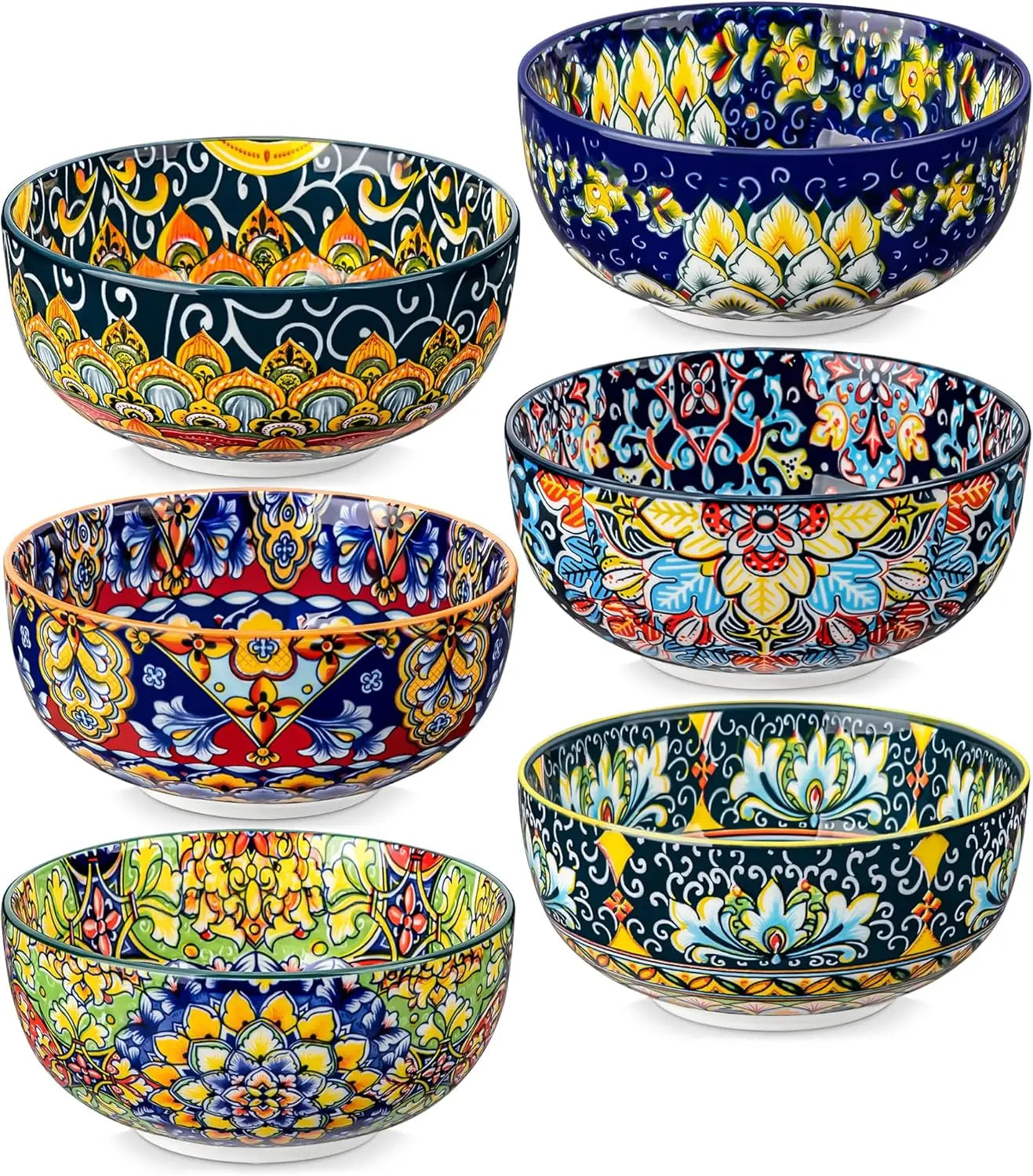 Bohemian Ceramic Bowl Set of 6 (28 Oz) - Colorful Soup, Cereal, Pasta, Salad, Fruit Bowls