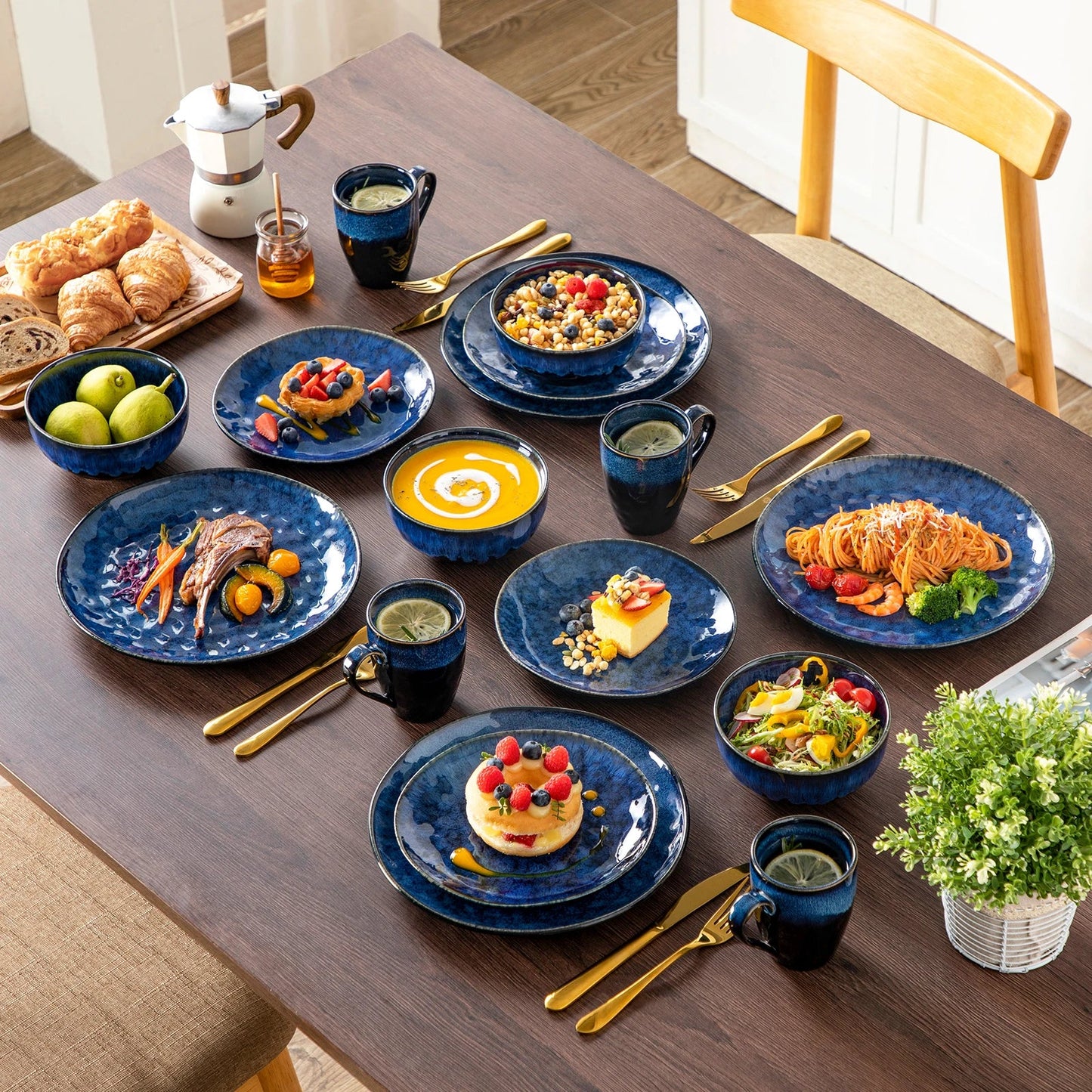 vancasso 16/32/48-Piece Starry Blue Dinner Set with Dinner Plate,Dessert Plate,Bowl,Mug