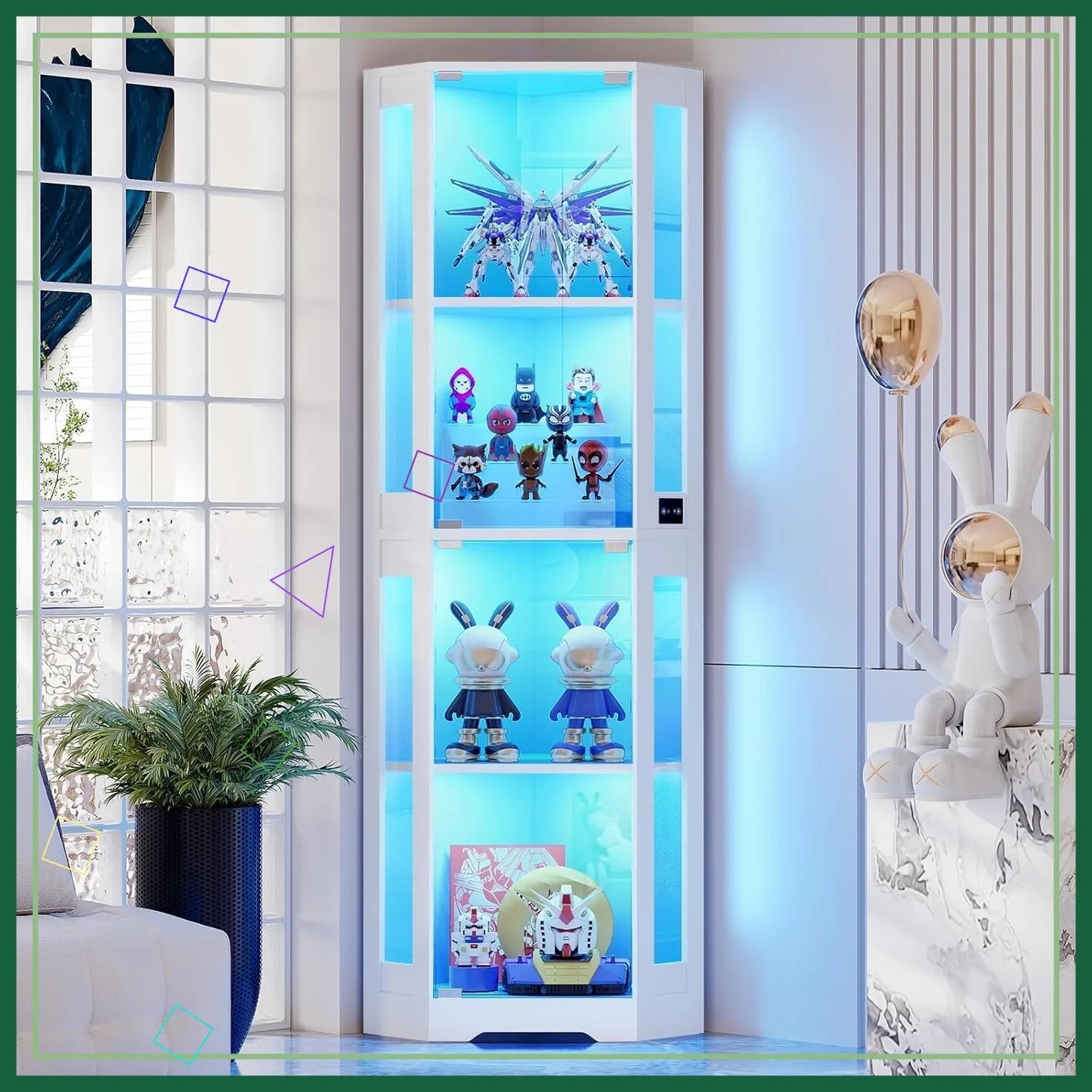 65" Corner Glass Display Cabinet with LED Lights & Motion Sensor, 4-Tier Showcase for Collectibles Figures Liquor