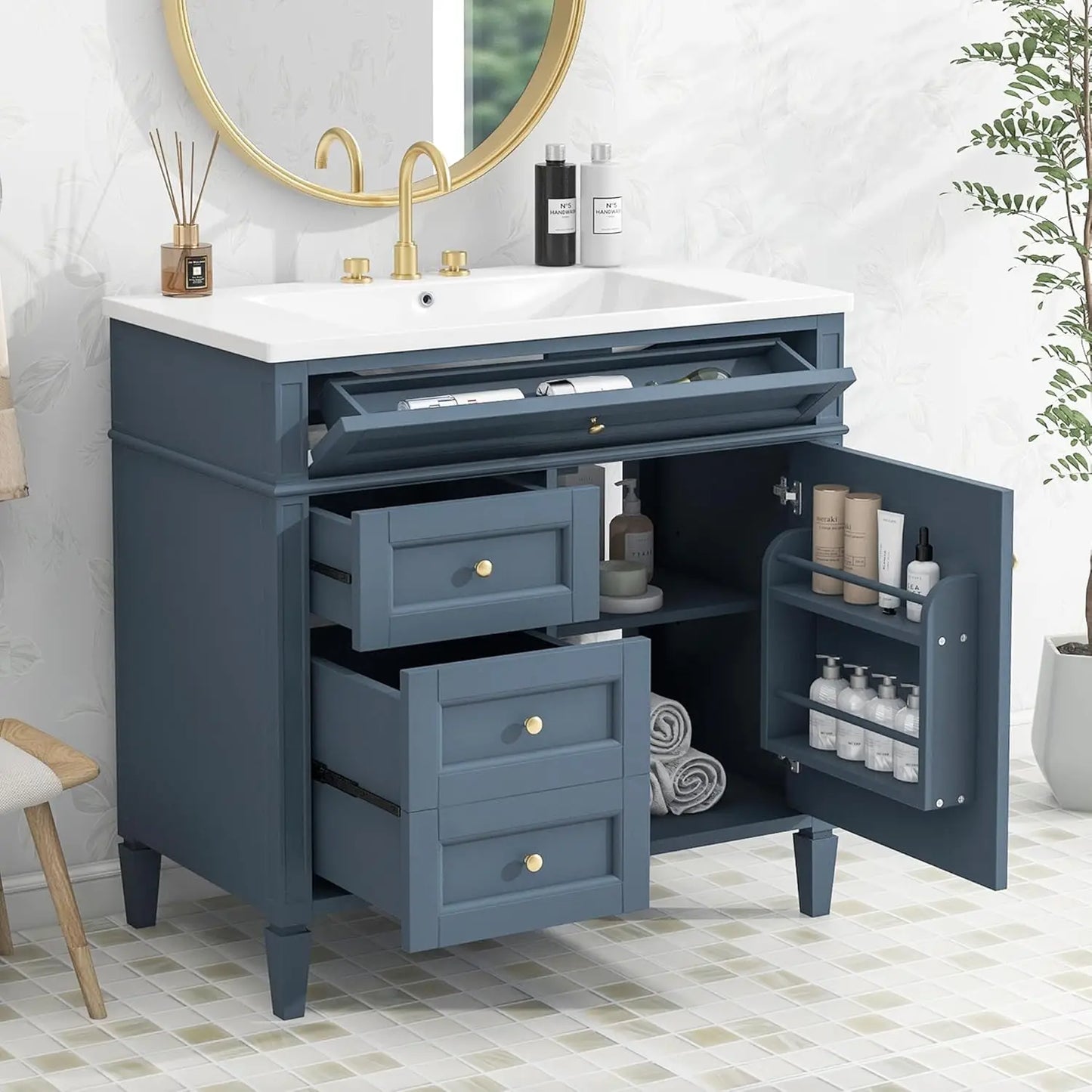 36in Solid Wood Bathroom Vanity with Soft-Close Doors & Tip-Out Drawer Undermount Sink Cabinet Green