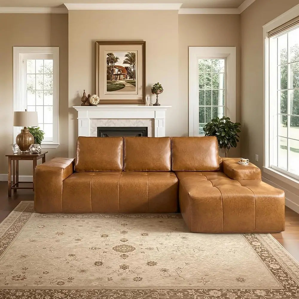 Elegant Living Room Set with Deep Seated, Comfortable Sofas in Brown Leather, No Assembly Needed
